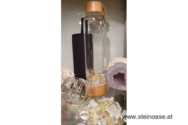 Glasflasche mit Lemonquarz + Bergkristall